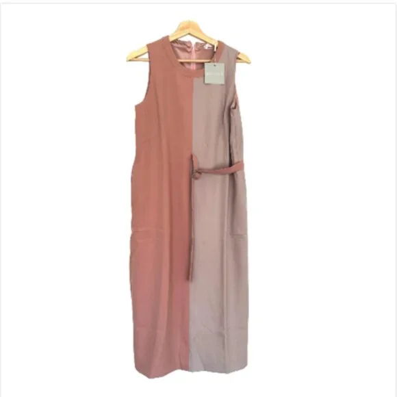 Runway Bandits NWT Dress Rose Taupe Color Block Side Belt Sleeveless Midi Large - Picture 2 of 10